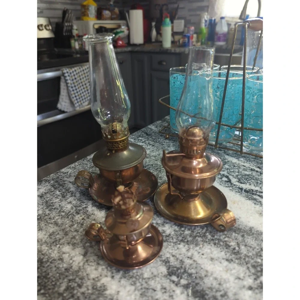 3 Vintage Kerosene Lamp Glass Chimney Copper Finish 2 Positions